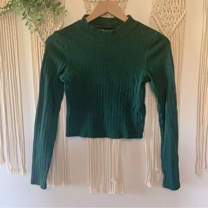 AMERICAN EAGLE Cotton Long Sleeve Mock Neck Cropped Top Forrest Green Size Small